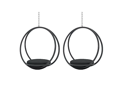 Two Black Hanging Chairs with Round Frame and Modern Suspended Comfortable Design 3d model