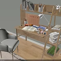 Wooden Desk With Gray Chair Open Book Stationery Lamp Shelf Books Flower In Vase Plant
