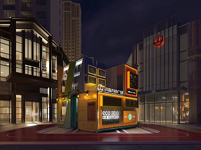 Illuminated Container Coffee Shop In Urban Area With Modern High Rise Buildings At Night 3d model