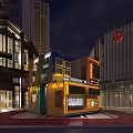 Illuminated Container Coffee Shop In Urban Area With Modern High Rise Buildings At Night