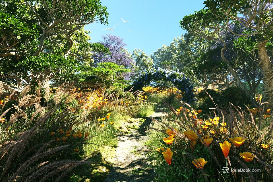 Scenic Landscape With Sunlit Path Vibrant Colorful Flowers And Lush Green Trees Under Blue Sky 3d model 