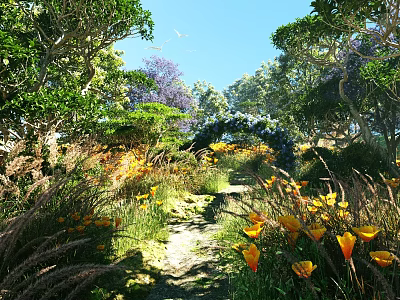 Scenic Landscape With Sunlit Path Vibrant Colorful Flowers And Lush Green Trees Under Blue Sky 3d model