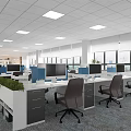 Modern Public Office Space With Workstations Computer Monitors Chairs Large Windows Ceiling Lights And Plants 3d model