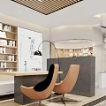 Spacious Modern Library Interior With Wooden Slat Ceiling Bookshelves Wooden Table Chairs And Green Plants