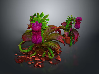 Vibrant Plants With Purple Blooms Green And Red Striped Leaves Brown Pot And Red Fragments 3d model