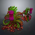 Vibrant Plants With Purple Blooms Green And Red Striped Leaves Brown Pot And Red Fragments