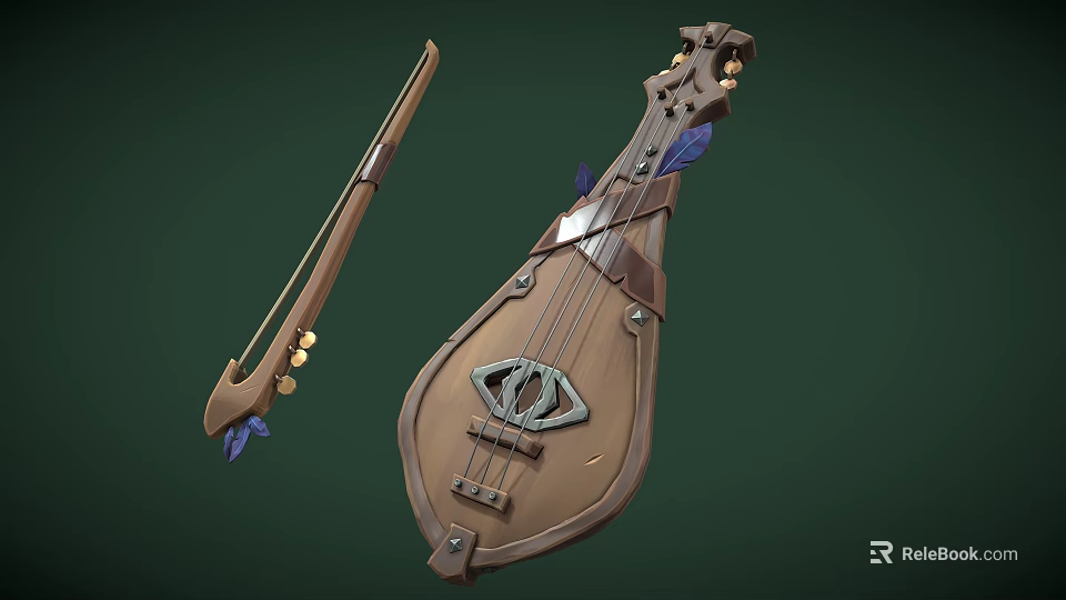Vintage Wooden String Instruments With Decorative Metal Parts And Blue Accents 3d model 