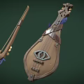 Vintage Wooden String Instruments With Decorative Metal Parts And Blue Accents