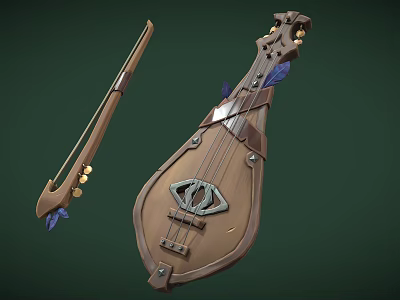 Vintage Wooden String Instruments With Decorative Metal Parts And Blue Accents 3d model