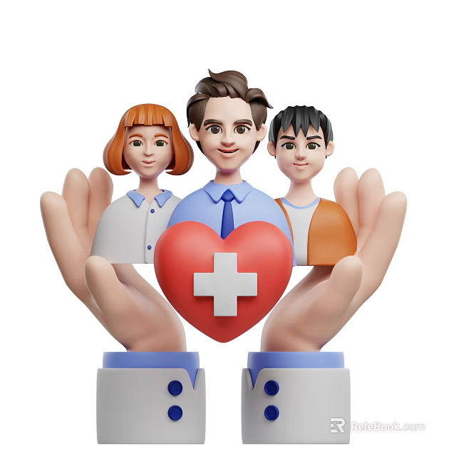 Hands Gently Holding Red Heart With Cross And Three People Figures For Care 3d model 