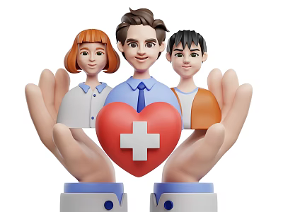 Hands Gently Holding Red Heart With Cross And Three People Figures For Care 3d model