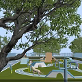 Outdoor Swing Door In Lawn Area With Trees Playground And White Dog