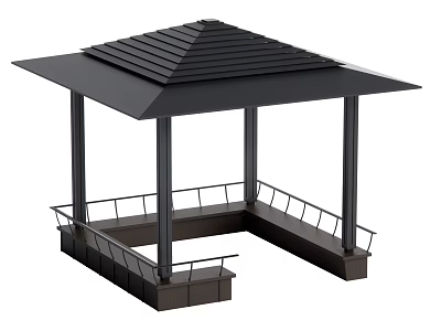 Modern Outdoor Black Roof Pavilion With Columns And Surrounding Railing 3d model