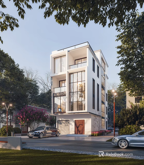 Modern Three Story Detached Villa With Large Glass Windows And Greenery Surroundings 3d model 