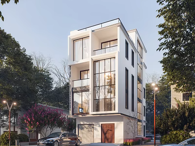 Modern Three Story Detached Villa With Large Glass Windows And Greenery Surroundings 3d model
