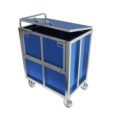 Sturdy Blue Metal Storage Cart With Wheels And Cabinet Doors 3d model