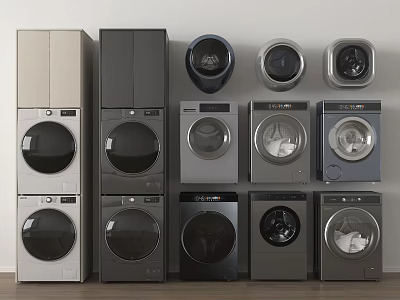 Modern Washing Machines In Black Silver With Stackable And Front Loading Designs 3d model