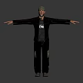 Man Wearing Cap Black Jacket With White Letters Gray Pants Arms Outstretched Gray Background