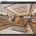 Modern Dessert Shop Interior With Display Cases Bread Pastries Pendant Lights Counters And Menu Screens