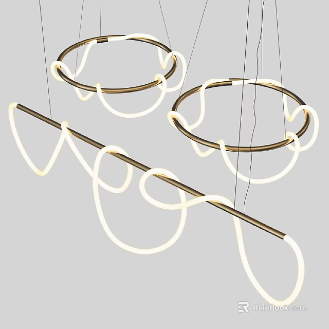 Modern Circular Chandelier Design With Illuminated Rings And Metal Rods 3d model 