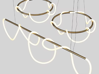 Modern Circular Chandelier Design With Illuminated Rings And Metal Rods 3d model