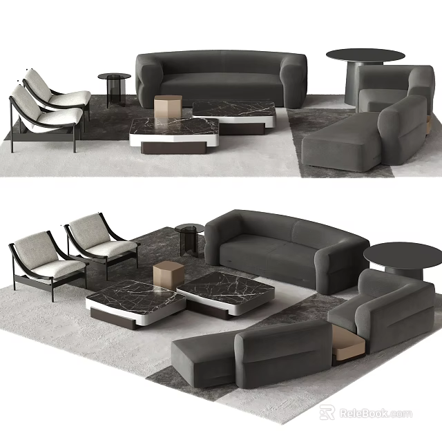 Modern Gray Sofa and Coffee Table Set with Chairs Side Tables and Marble Top 3d model