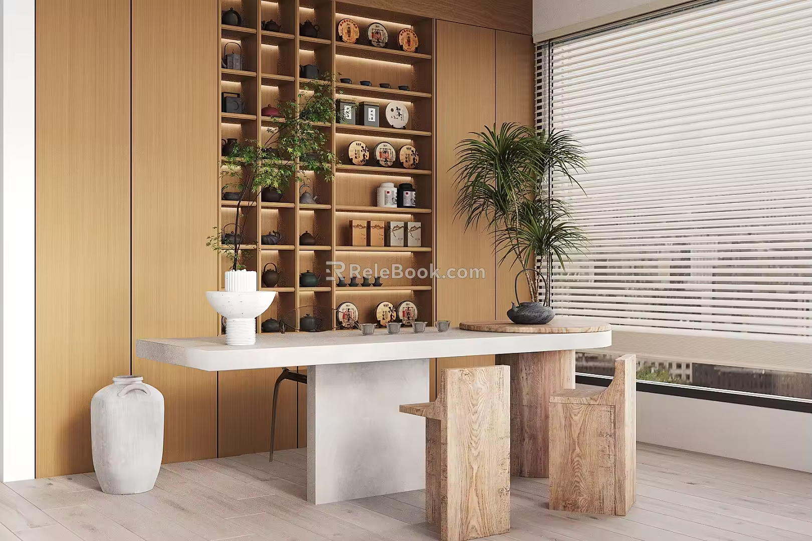 New Chinese Style Tea Room Tea Tasting Area Balcony Tea Room Club Tea Room Tea House Tea Room Tea Table and Chair Combination Tea Cabinet Tea Set Tea Tray Storage Cabinet Tea Room Background Wall 3d model