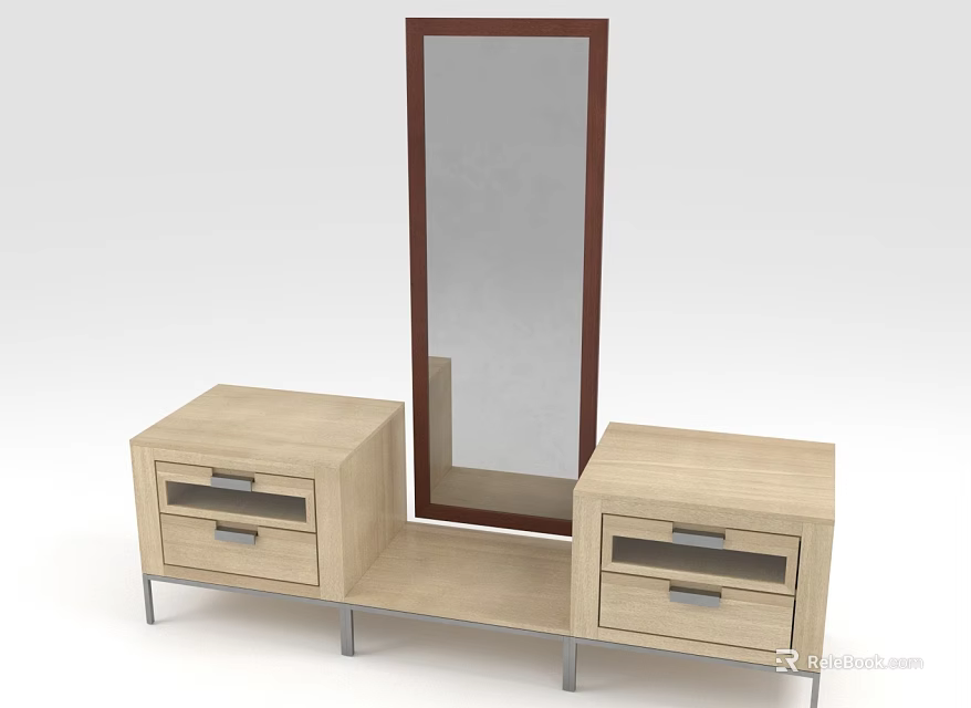 Modern Wooden Dressing Table Set With Mirror And Two Drawer Cabinets 3d model 