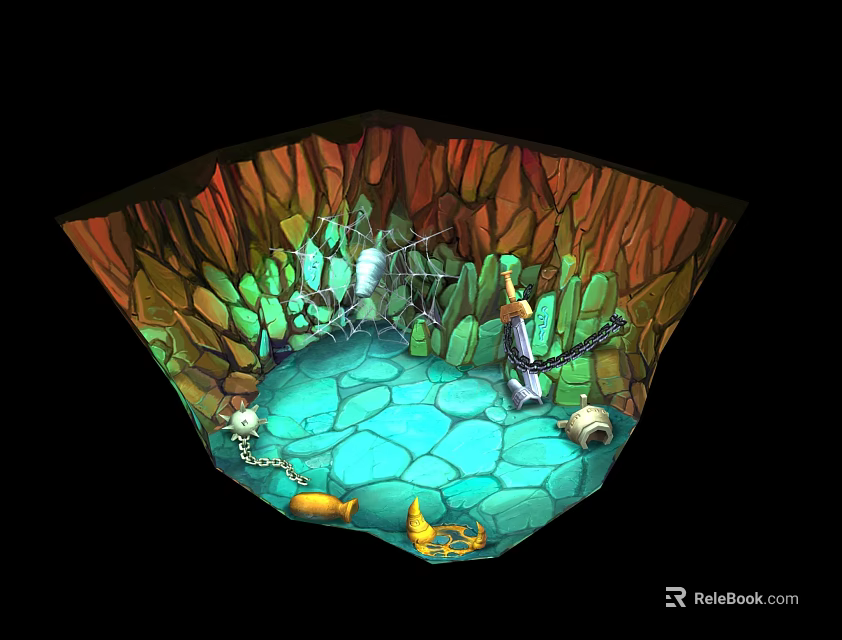 Cartoon Style Cave Scene With Glowing Plants Stalagmites Stalactites And Blue Stone Floor 3d model 