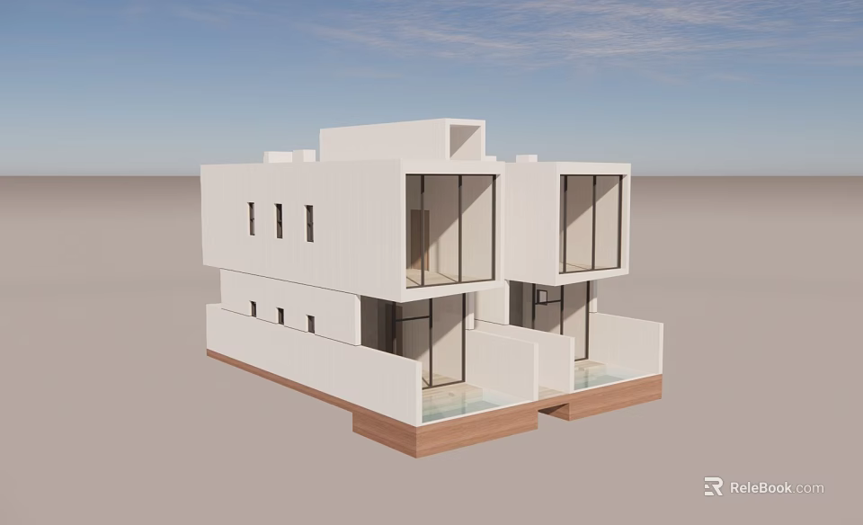 Modern Detached Villa With White Exterior Large Glass Windows And Balcony 3d model 