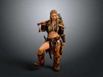 Woman in Tribal Warrior Fur Leather Armor Holding Axe With Decorative Accessories 3d model