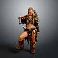 Woman in Tribal Warrior Fur Leather Armor Holding Axe With Decorative Accessories