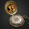 Vintage Gold Pocket Watch with Portrait Inside Dial and Chain