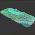 Natural Landscape 3D Terrain Model Featuring Undulating Grassland Rocks And Water Area