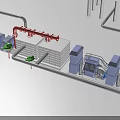 Industrial Factory Interior With Red Pipes Gray Containers Blue Machinery and Green Spheres