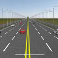 Wide Road With Yellow Divider Lined With Green Trees And Driving Cars Under Cloudy Sky
