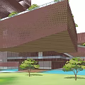 Modern Museum Building Featuring Unique Stacked Structure Brown Facade And Surrounding Greenery 3d model