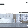 Modern Lobby Reception Desk With Sofas Decorative Walls Lighting And Marble Flooring 3d model