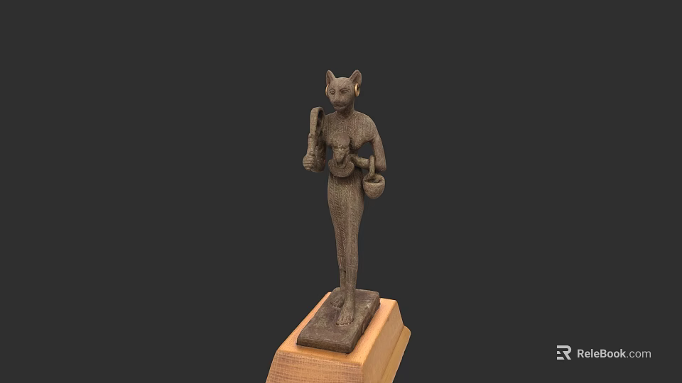 Ancient Egyptian Cat Goddess Sculpture with Ceremonial Objects on Wooden Base 3d model 
