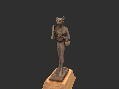 Ancient Egyptian Cat Goddess Sculpture with Ceremonial Objects on Wooden Base 3d model