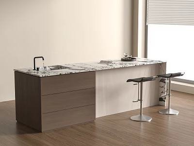 Modern Kitchen Interior With Marble Island Countertop Wooden Drawers And Bar Stools 3d model