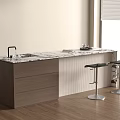 Modern Kitchen Interior With Marble Island Countertop Wooden Drawers And Bar Stools