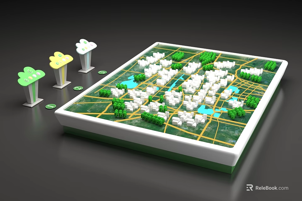 Display Cabinet Shelf Displaying Urban City Model With Green Areas White Buildings And Yellow Roads 3d model 