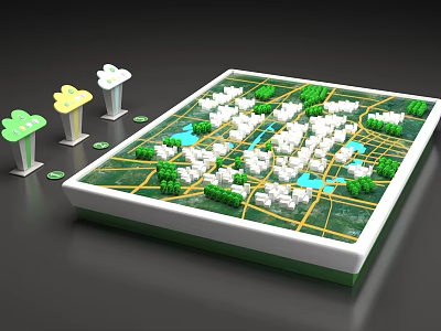 Display Cabinet Shelf Displaying Urban City Model With Green Areas White Buildings And Yellow Roads 3d model
