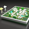 Display Cabinet Shelf Displaying Urban City Model With Green Areas White Buildings And Yellow Roads
