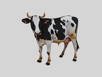 Black And White Spotted Cow With Horns Standing On Gray Background 3d model