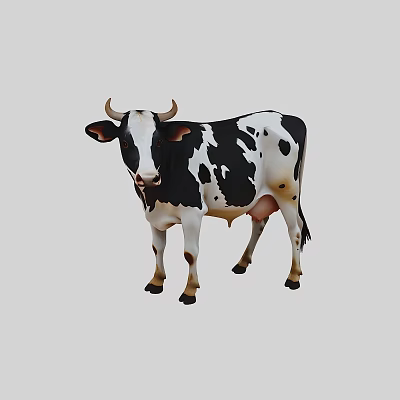 Black And White Spotted Cow With Horns Standing On Gray Background 3d model