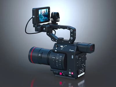 Professional Digital Video Camera With LCD Screen And Red Lens Handheld Recording Equipment 3d model