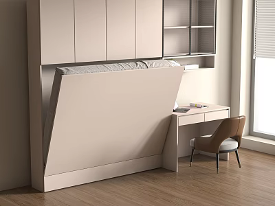 Modern Multifunctional Space With Wall Bed Built In Cabinets Writing Desk Chair And Wooden Floor 3d model