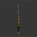 Mechanical Sword Design With Orange Handle Blue Glowing Element And Curved Blade